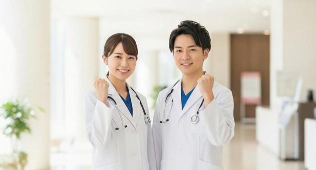 病院のロビーでガッツポーズをする医師 病院のロビーでガッツポーズをする医師の写真