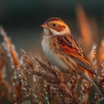 草の穂に止まる野鳥と水滴 草の穂に止まる野鳥と水滴の写真