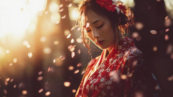 春風に舞う和装女性の写真