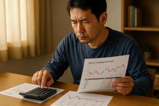 損益を電卓で計算する男性 損益を電卓で計算する男性の写真