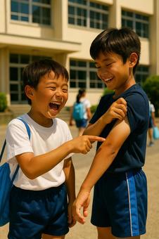 夏休みの登校日友達に日焼けを見せたら爆笑 夏休みの登校日友達に日焼けを見せたら爆笑の写真