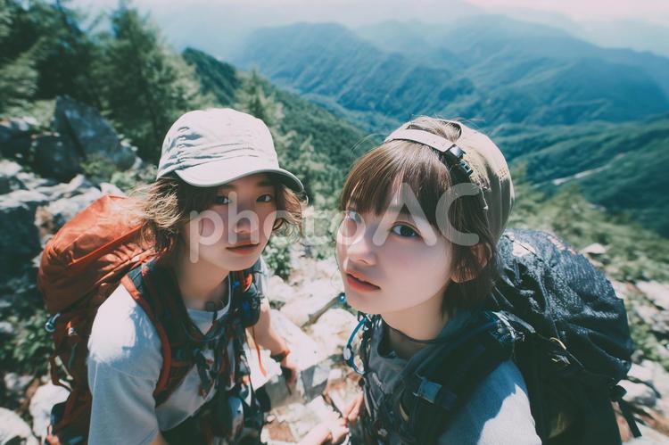 ハイキングを楽しむ2人の女性 ハイキング,山,青空の写真素材
