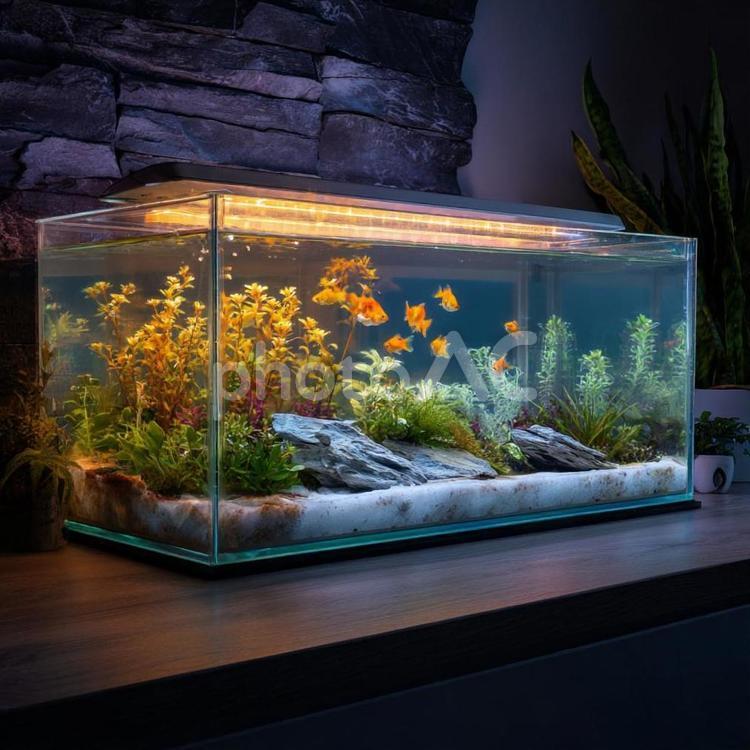 美しく飾られた金魚入りの家庭用水槽 水槽,アクアリウム,金魚の写真素材