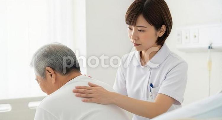 患者の背中をさするアジア人看護師 看護師,女性,患者の写真素材