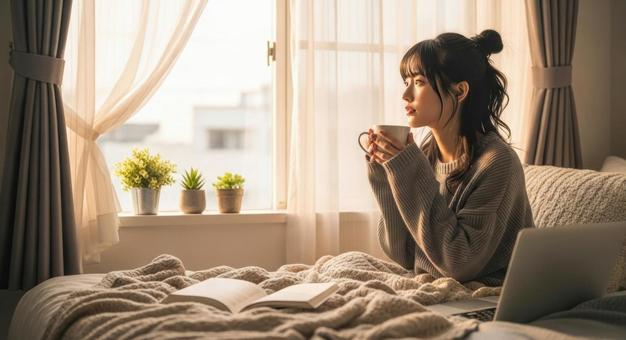 窓辺でコーヒーを飲む女性の写真 窓辺でコーヒーを飲む女性の写真の写真