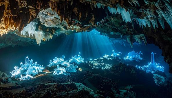 海底の洞窟と輝くクリスタル群 海底の洞窟と輝くクリスタル群の写真