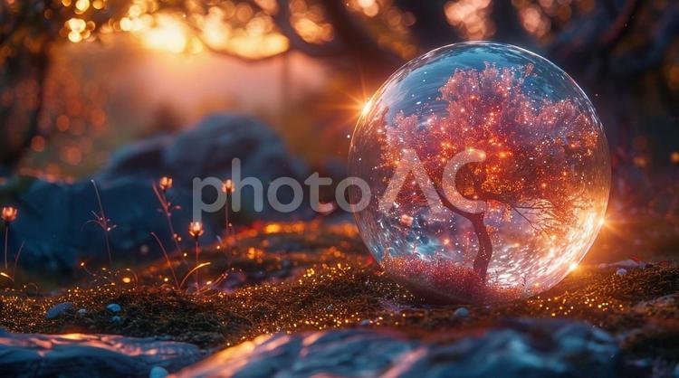 光の樹を閉じ込めた幻想のガラス球 ガラス球,樹,光の写真素材