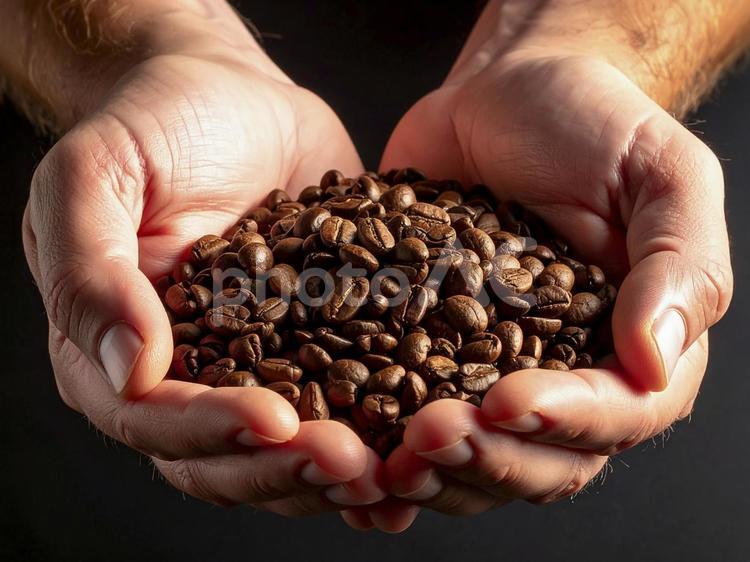 手の中のコーヒー豆　生成AI  コーヒー豆,手,焙煎の写真素材