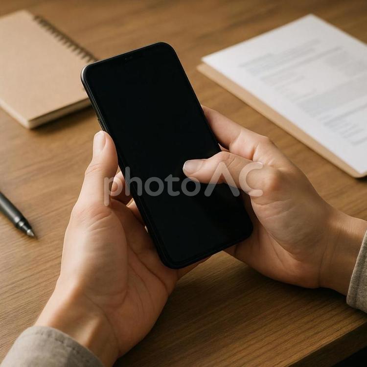 デスクでスマホ操作と スマホ,手元,デスクの写真素材