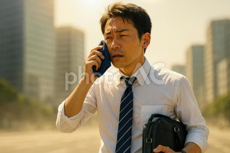 強い日差しの中を歩くサラリーマン サラリーマン,男性,日本の写真素材