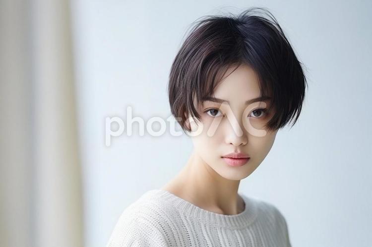 アンニュイな顔でこちらを見る女性08 ショート,カジュアル,女性の写真素材