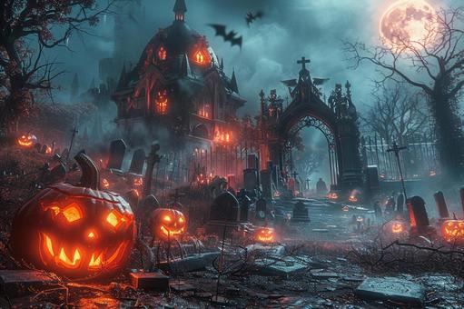墓地に灯るハロウィンランタン 墓地に灯るハロウィンランタン ジャックオーランタン,カボチャ,墓地の写真素材