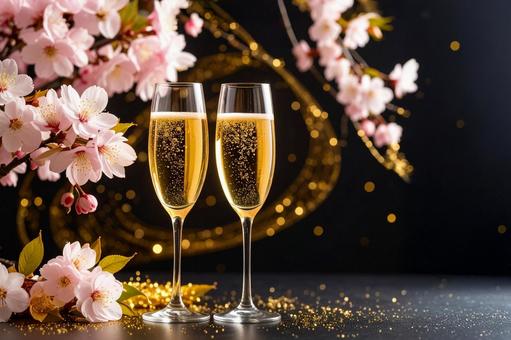 高級感ある黒い背景と桜とシャンパン 高級感ある黒い背景と桜とシャンパンの写真
