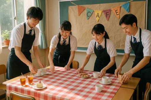 喫茶スペースを整える生徒たち 喫茶スペースを整える生徒たちの写真