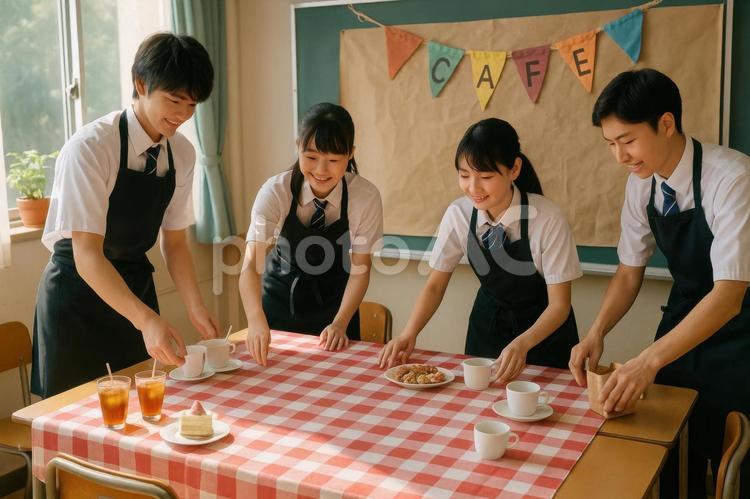 喫茶スペースを整える生徒たち 喫茶スペース,カフェ風,教室の写真素材