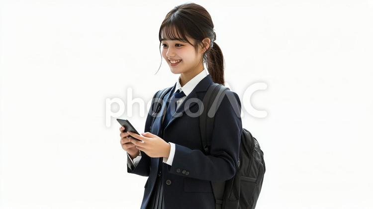 歩きながらスマートフォンを使う女子生徒 女性,女の子,スマートフォンの写真素材