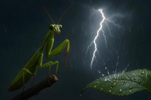 雷雨の中のカマキリ 雷雨の中のカマキリの写真