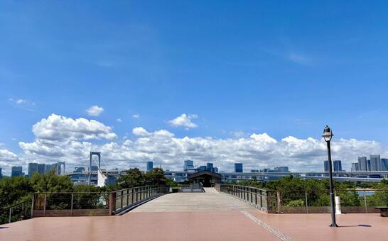 お台場から望むレインボーブリッジと青空 お台場,レインボーブリッジ,お台場海浜公園の写真素材