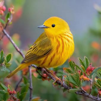 枝に佇む鮮やかな黄色の小鳥 枝に佇む鮮やかな黄色の小鳥の写真