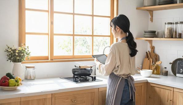 レシピを見ながら料理する日本人の若い女性 レシピを見ながら料理する日本人の若い女性の写真