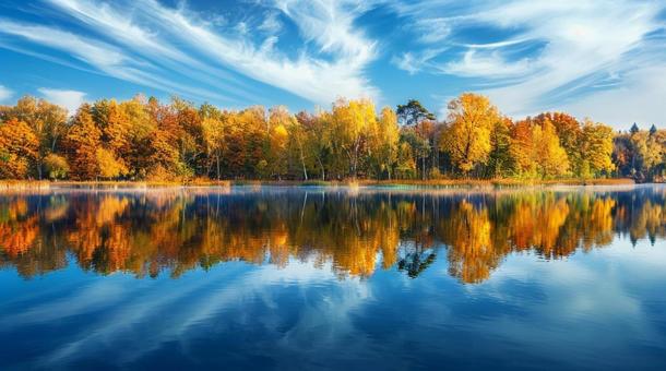 色鮮やかな紅葉と青空と湖の写真