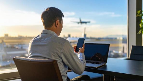 スマホを持ちながらPC作業をする男性 スマホを持ちながらPC作業をする男性の写真