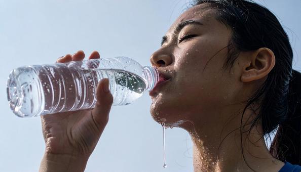 ミネラルウォーターを飲み水分補給する女性 ミネラルウォーターを飲み水分補給する女性の写真