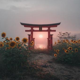 ひまわり咲く、鳥居の道 ひまわり咲く、鳥居の道の写真