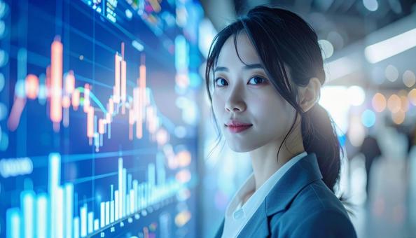 ディルプレイのチャートの前に立つ女性社員の写真