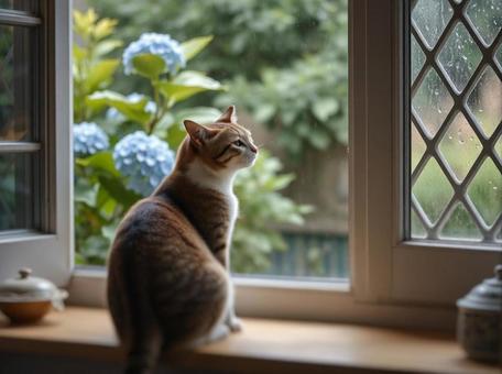 窓辺で外を見る猫　雨の日の写真
