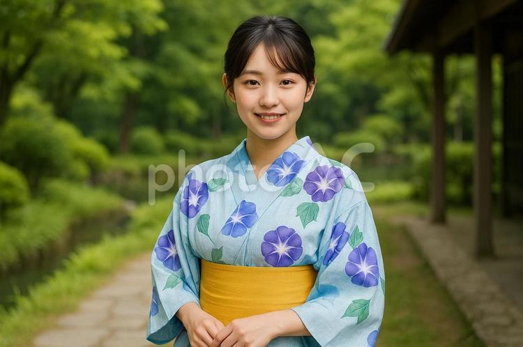 浴衣女性と緑の自然背景 浴衣,女性,笑顔の写真素材
