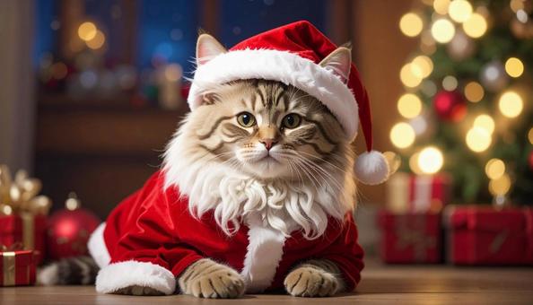 サンタクロースの帽子をかぶった猫の写真