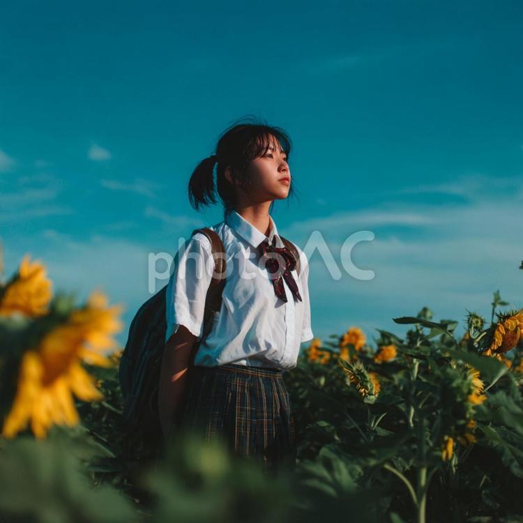 青空の下、未来を見つめる高校生とひまわり 女子高生,学生,制服の写真素材