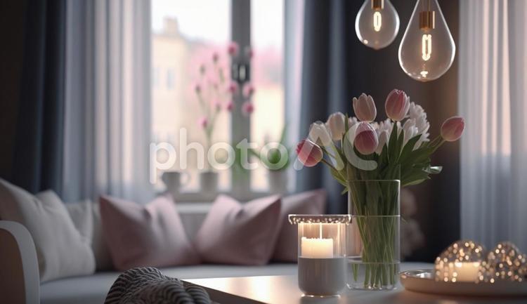 ペンダントライトと花　リビングルーム背景 部屋,美しい,チューリップの写真素材