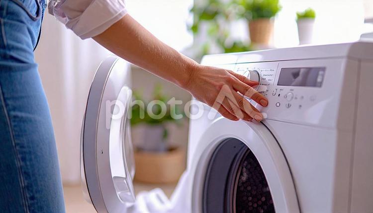 洗濯機のふたをあける女性の手 洗濯,洗濯機,家事の写真素材