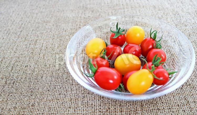 ガラスの器に収穫したての新鮮なミニトマト ミニトマト,夏野菜,アイコの写真素材