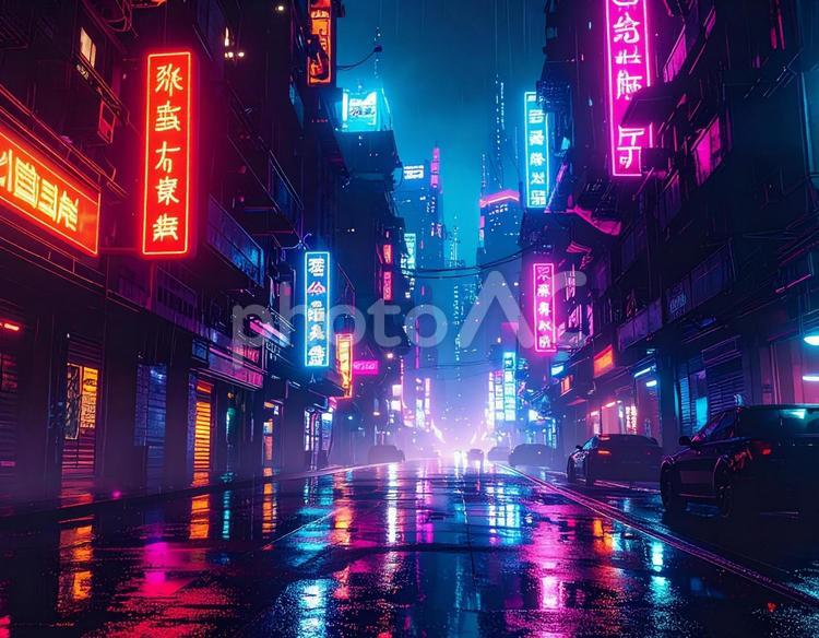 サイバーパンクな夜の街　ネオン　ピンク2 サイバーパンク,夜,街の写真素材
