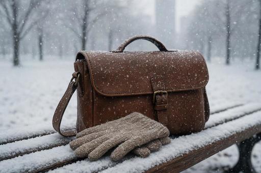 雪の日のビジネスバッグとニット手袋の写真