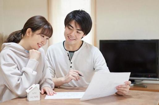 Asian couple thinking about buying a home, home purchase, real estate, my home, JPG