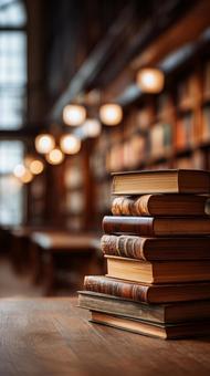 クラシック図書館に積まれた古い革装丁本 クラシック図書館に積まれた古い革装丁本の写真