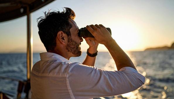 双眼鏡で海の先を見ている男性 双眼鏡で海の先を見ている男性の写真