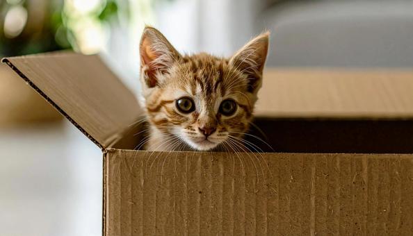 ダンボール箱から顔を出す子猫の写真