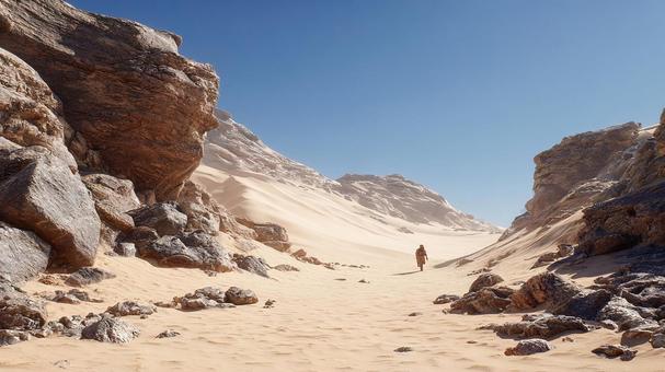 広がる砂漠の風景：壮大な砂丘と岩肌の写真
