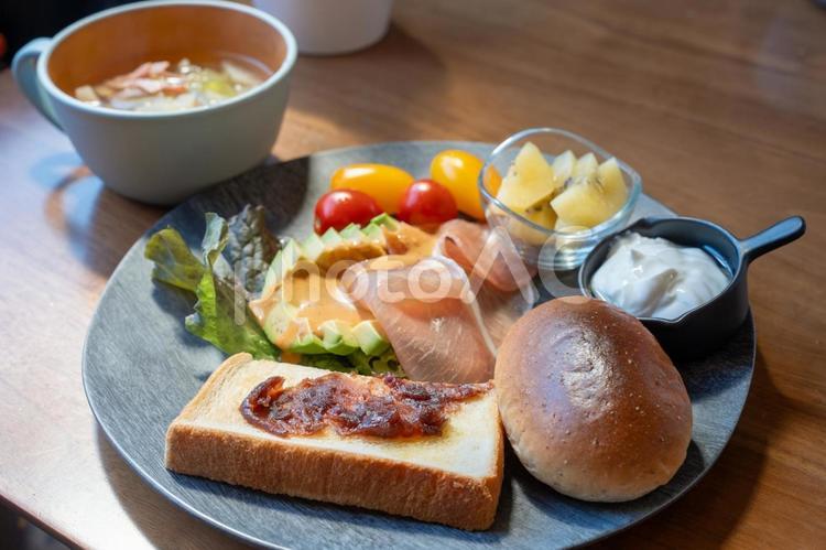 あんバタートーストとヘルシーなモーニング パン,朝食,食べ物の写真素材