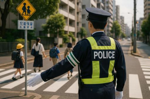 横断歩道で誘導する警察官 横断歩道で誘導する警察官の写真