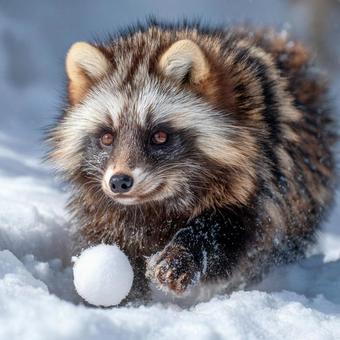 雪の中を駆ける元気なタヌキ 雪の中を駆ける元気なタヌキの写真