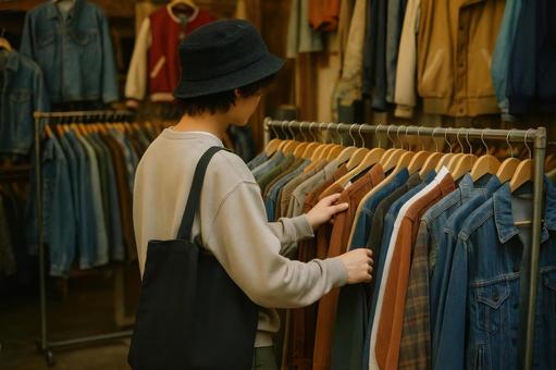 古着を選ぶ若者 古着を選ぶ若者の写真