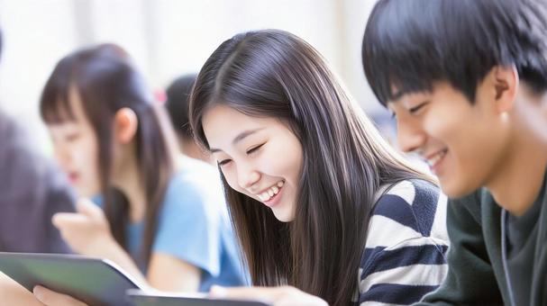 笑顔で勉強を楽しむ女子学生の写真