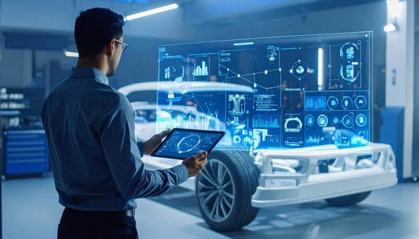 車にホログラムを投影して整備工場の写真