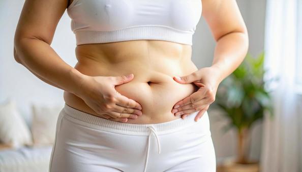 肥満でたるむお腹の贅肉をつまんでいる女性 肥満でたるむお腹の贅肉をつまんでいる女性の写真